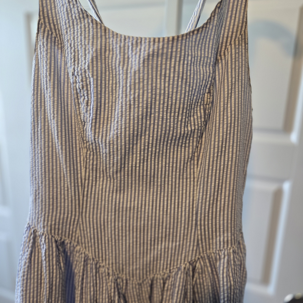 Striped Sleeveless Seersucker Dress in Blue and White